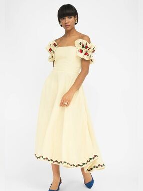 Fanm Mon Alanya linen off shoulder embroidered midi dress